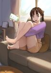  1girl bare_legs barefoot bookshelf brown_eyes brown_hair brown_shorts calendar_(object) cellphone commentary couch day eyelashes feet full_body hair_ribbon half_updo highres holding holding_phone hugging_own_legs indoors jun_(seojh1029) knees_to_chest looking_at_viewer medium_hair midriff open_mouth original panties panty_peek phone purple_shirt ribbon shirt short_shorts short_sleeves shorts sitting smartphone smile soles solo sunlight thighs toes translated twintails underwear white_panties window yellow_ribbon 