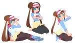  1girl black_pantyhose blue_eyes breasts brown_hair donut_hair_bun double_bun hair_bun hat highres holding holding_poke_ball large_breasts long_hair looking_at_viewer monster_l_(hochihochiha) open_mouth pantyhose pantyhose_under_shorts poke_ball poke_ball_(basic) poke_ball_print pokemon pokemon_bw2 raglan_sleeves rosa_(pokemon) shirt shorts simple_background smile solo twintails visor_cap yellow_shorts 