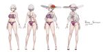  1girl ass azur_lane barefoot bikini breasts choker cleavage cross-laced_clothes flower full_body grey_hair hat hat_flower highres large_breasts large_hat multiple_views navel pandea_work purple_bikini purple_choker purple_eyes purple_footwear purple_wristband reno_(azur_lane) reno_(summer_spin-off)_(azur_lane) rose sheer_clothes short_hair sun_hat swimsuit white_background 