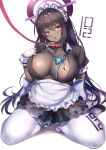  1girl ahoge apron areola_slip areolae ass_visible_through_thighs blue_archive breasts brown_hair cleavage collar dark-skinned_female dark_skin gloves highres karin_(blue_archive) kurenai_(kurenai_pso) leash long_hair maid maid_headdress no_bra pantyhose puffy_short_sleeves puffy_sleeves short_sleeves sitting solo straight_hair sweat thick_thighs thighs unbuttoned very_long_hair waist_apron wariza white_apron white_legwear yellow_eyes 