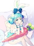  1girl animal_ears aqua_hair arm_support bare_shoulders bicute_bunnies_miku black_ribbon blurry blurry_background carrot_pillow commentary couch dot_nose double_bun ears_visible_through_hair elbow_rest expressionless eyelashes eyes_visible_through_hair fake_animal_ears feet_out_of_frame fishnet_legwear fishnets floral_print food-themed_pillow frilled_cuffs frills from_above fur_trim hair_between_eyes hatsune_miku head_rest highres leaf_print light_blush light_particles looking_at_viewer looking_up on_couch parted_lips pillow pom_pom_(clothes) rabbit_ears ribbon rumi_(rarumi11) shadow shiny shiny_hair sideways_glance sitting solo sparkle stuffed_toy vocaloid wrist_cuffs 