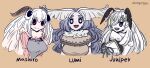  3girls :d antennae apron arthropod_girl artist_name beige_background black_sclera borrowed_character capelet character_name colored_sclera commentary english_commentary fur_collar green_eyes grey_apron grey_hair highres indie_virtual_youtuber juniper_actias long_hair looking_at_viewer mashiro_(solopipb) monster_girl moth_girl mother_lumi_(matilda_fiship) multiple_girls murgoten open_mouth original red_eyes simple_background smile trait_connection upper_body virtual_youtuber white_eyes white_hair 