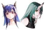  2girls arknights bangs black_jacket blue_hair ch&#039;en_(arknights) eyebrows_visible_through_hair facing_to_the_side facing_viewer green_hair highres horns hoshiguma_(arknights) jacket long_hair multiple_girls oni portrait red_eyes scar shuzi white_background yellow_eyes 