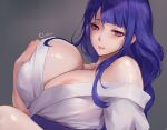  1girl areolae bare_shoulders breast_grab breast_press breasts chihunhentai cleavage genshin_impact grabbing hand_on_breast hand_on_own_chest huge_breasts japanese_clothes kimono lips looking_at_viewer parted_lips pink_lips purple_eyes purple_hair raiden_(genshin_impact) robe_slip shiny shiny_skin solo upper_body 