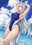  1girl ahoge animal_ears beach blue_eyes blue_sky blue_swimsuit breasts bunny_pose cloud commentary_request competition_swimsuit cowboy_shot day dutch_angle ear_ornament highleg highleg_swimsuit highres horizon horse_ears horse_girl horse_tail kinntarou large_breasts long_hair looking_at_viewer ocean oguri_cap_(umamusume) one-piece_swimsuit outdoors silver_hair sky solo standing swimsuit tail umamusume 