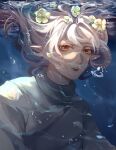  1girl air_bubble brown_eyes brown_lips bubble closed_mouth flower highres looking_at_viewer medium_hair pointy_ears ruosensen sky:_children_of_the_light solo underwater white_hair yellow_flower 