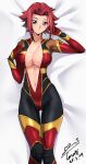  1girl absurdres ass_visible_through_thighs blue_eyes bodysuit breasts cleavage code_geass cowboy_shot dakimakura_(medium) dated flipped_hair hair_intakes highres kouzuki_kallen large_breasts looking_at_viewer mecha_pilot_suit multicolored_bodysuit navel open_bodysuit open_clothes red_hair short_hair signature solo spiked_hair thigh_gap unzipped variant_set yoo_tenchi 