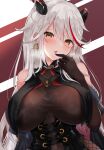  1girl :o aegir_(azur_lane) azur_lane bangs bare_shoulders black_gloves blush bodystocking breast_curtains breasts corset covered_navel covered_nipples earrings elbow_gloves eyebrows_visible_through_hair finger_to_mouth gloves hair_between_eyes highres horns iron_cross jewelry large_breasts long_hair multicolored_hair open_mouth red_hair shionootsu silver_hair steaming_body streaked_hair two-tone_background two-tone_hair upper_body very_long_hair 