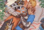  2boys armor bed blonde_hair blue_eyes blush brown_eyes brown_hair couple gauntlets gloves gran_(granblue_fantasy) granblue_fantasy hand_grab hand_on_another&#039;s_head headpat holding_hands looking_at_another lying male_focus multiple_boys on_bed open_mouth penguin_frontier pillow short_hair shy smile vane_(granblue_fantasy) yaoi 