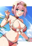  1girl bangs bare_shoulders bikini blue_eyes blue_sky blush braid breasts cleavage collarbone crown_braid flower hair_flower hair_ornament horosuke large_breasts looking_at_viewer navel open_mouth pink_hair princess_connect! red_bikini short_hair sky smile solo swimsuit thighs yui_(princess_connect!) 