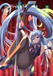  1girl absurdly_long_hair animal_ears arm_strap ass azur_lane bare_shoulders black_footwear black_legwear blue_eyes blue_hair blurry blurry_background bodystocking breasts detached_collar eyebrows_visible_through_hair fake_animal_ears high_heels highres kagura_hiromu large_breasts leotard long_hair looking_at_viewer new_jersey_(azur_lane) new_jersey_(exhilarating_steps!)_(azur_lane) official_alternate_costume oversized_breast_cup pantyhose playboy_bunny pole pole_dancing purple_leotard rabbit_ears solo stage_lights stiletto_heels strapless strapless_leotard stripper_pole very_long_hair wrist_cuffs 