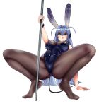  1girl animal_ears ass azur_lane black_legwear black_leotard blue_eyes blue_hair bodystocking breasts fake_animal_ears fake_tail full_body highleg highleg_leotard kukoi large_breasts legs leotard new_jersey_(azur_lane) new_jersey_(exhilarating_steps!)_(azur_lane) no_shoes official_alternate_costume oversized_breast_cup pantyhose playboy_bunny pole rabbit_ears simple_background solo strapless strapless_leotard stripper_pole tail thighs white_background wrist_cuffs 