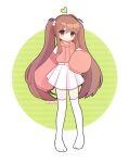  1girl absurdres art_trade artist_name brown_eyes brown_hair clover commentary english_commentary full_body high-waist_skirt highres holding hood hooded_sweater hoodie long_hair miniskirt original pink_hoodie pink_sweater pleated_skirt shachi_(shachimu) skirt sleeves_past_fingers sleeves_past_wrists solo sweater thighhighs third-party_source very_long_hair white_thighhighs 