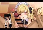  1boy 1girl ahoge animal_ears bar_censor black_legwear blonde_hair blush breasts cellphone cellphone_picture censored checkered checkered_floor eyebrows_visible_through_hair fake_animal_ears garter_straps grabbing_another&#039;s_hair hair_ribbon hetero highres icarus_(632247131) letterboxed long_hair looking_at_viewer maid_headdress male_pubic_hair medium_breasts mosaic_censoring nail_polish nijisanji panties panties_aside penis phone pink_nails pov precum pubic_hair ribbon saliva saliva_trail smartphone smile solo_focus sweat takamiya_rion thighhighs tongue tongue_out twintails twitching_penis underwear veins veiny_penis virtual_youtuber 