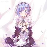  1girl apron bamboo_(akimotoaki) bangs blue_eyes blue_hair bow breasts curtains eyebrow_piercing eyebrows_visible_through_hair flower food hair_between_eyes hair_bow highres looking_at_viewer maid maid_apron maid_headdress onigiri petals piercing re:zero_kara_hajimeru_isekai_seikatsu rem_(re:zero) roswaal_mansion_maid_uniform short_hair smile solo wind 