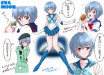  1girl :o absurdres ayanami_rei bishoujo_senshi_sailor_moon blue_footwear blue_hair blue_shirt blue_skirt blush boots breasts commentary cosplay dated elbow_gloves food gloves highres knee_boots light_smile looking_at_viewer magical_girl medium_breasts mizuno_ami mizuno_ami_(cosplay) multiple_views neon_genesis_evangelion red_eyes sailor_mercury sailor_mercury_(cosplay) sailor_senshi_uniform sandwich school_uniform serafuku shirt short_hair signature skirt thought_bubble translated tsunemoku white_background white_gloves 
