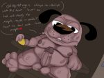 4:3 anthro aroused balls belly beverage big_balls big_penis bodily_fluids canid canine cartoon_network courage_the_cowardly_dog courage_the_cowardly_dog_(character) english_text erection fur genitals hi_res jaythefox333 lemonade looking_at_genitalia male mammal musk nipples penis pink_body pink_fur simple_background sitting slightly_chubby slightly_chubby_male sniffing solo sweat teeth text vein veiny_penis