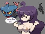  0_0 1girl ahoge aliasing bangs black_eyes breasts clenched_hands closed_mouth collarbone colored_sclera completely_nude cropped_torso english_text floating gen_2_pokemon ghost grey_background hands_up happy hex_maniac_(pokemon) large_breasts long_hair misdreavus nipples nude pokemon pokemon_(creature) pokemon_(game) pokemon_xy purple_hair red_eyes shiny shiny_hair sidelocks simple_background smile smoke speech_bubble talking upper_body vilepluff yellow_sclera 