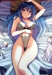  1girl bare_arms bare_legs blue_eyes blue_hair blush breasts caeda_(fire_emblem) clothes_removed fire_emblem frown gloves highres lingerie long_hair looking_at_viewer lying medium_breasts on_back on_bed pillow solo underwear yozu_(yozu0420) 