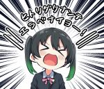  1girl bangs black_hair black_jacket blazer bow bowtie chibi gradient_hair green_hair hair_between_eyes jacket love_live! love_live!_nijigasaki_high_school_idol_club medium_hair meme multicolored_hair nijigasaki_academy_uniform red_neckwear solo streaked_hair takasaki_yuu totoki86 translation_request twintails two-tone_hair 