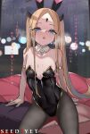  1girl abigail_williams_(fate) animal_ears areola_slip areolae bangs banned_artist black_legwear black_leotard blonde_hair blue_eyes blush breasts chestnut_mouth covered_navel detached_collar fake_animal_ears fate/grand_order fate_(series) forehead gold_trim highleg highleg_leotard leotard long_hair looking_at_viewer open_mouth pantyhose parted_bangs playboy_bunny rabbit_ears sidelocks sitting small_breasts solo strapless strapless_leotard translation_request twintails viola_(seed) 