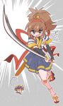  1girl :d badge bandaid bandaid_on_knee bandaid_on_leg black_eyes blue_skirt blush_stickers bright_pupils brown_hair button_badge commentary_request full_body geta hairband high_ponytail highres holding japanese_clothes katana kimono kurachi_mizuki mcdonald&#039;s medium_hair motion_lines pleated_skirt ponytail red_hairband samurai_tamago_tabemi sandals short_sleeves skirt smile socks striped_clothes striped_kimono swinging_weapon sword tasuki translation_request two-handed vertical-striped_clothes vertical-striped_kimono weapon white_pupils white_socks 