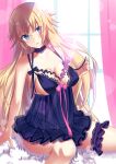  1girl blonde_hair blue_eyes blush breasts chemise fate/grand_order fate_(series) hair_down jeanne_d&#039;arc_(fate) jeanne_d&#039;arc_(fate)_(all) large_breasts leg_garter long_hair looking_at_viewer majin_(kiidoumajin) open_mouth panties ribbon see-through side-tie_panties sideboob solo thighs underwear very_long_hair 