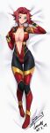  1girl absurdres ass_visible_through_thighs blue_eyes bodysuit breasts cleavage code_geass dakimakura_(medium) dated flipped_hair full_body hair_intakes highres kouzuki_kallen large_breasts looking_at_viewer mecha_pilot_suit multicolored_bodysuit navel open_bodysuit open_clothes red_hair short_hair signature solo spiked_hair thigh_gap unzipped variant_set yoo_tenchi 