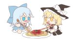  2girls angry apron ascot black_dress black_footwear blonde_hair blue_bow blue_dress blue_hair bow braid buttons character_doll cirno commentary dirty dirty_clothes dirty_face dress eating food fork frilled_apron frilled_hat frills fumo_(doll) hair_bow hat hat_bow holding holding_fork kirisame_marisa looking_at_another multiple_girls pasta pinafore_dress puffy_short_sleeves puffy_sleeves short_hair short_sleeves simple_background skullchimes spaghetti touhou waist_apron white_bow wings witch_hat yellow_eyes 