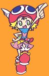  1girl aliasing amitie_(puyopuyo) arm_up bangs belt blonde_hair blue_shirt bracelet flat_chest full_body green_eyes hand_on_hip happy heart heart_in_mouth jewelry leg_up looking_to_the_side mini_wings official_style open_mouth orange_background outstretched_arm pink_shorts pointing pointing_up puyopuyo red_footwear red_headwear shirt shoes short_hair short_shorts shorts sidelocks simple_background sleeveless sleeveless_shirt smile solo standing standing_on_one_leg straight-on vilepluff white_wings winged_hat wings 