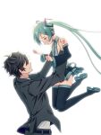  1boy 1girl absurdres ahoge aqua_eyes aqua_hair aqua_necktie aqua_stripes bare_shoulders belt black_boots black_hair black_pants black_skirt black_sleeves black_suit blush boots bright_background collared_shirt crying detached_sleeves floating_hair grey_shirt hagurumamituki hair_between_eyes hair_ornament hairclip hatsune_miku headphones highres legs lifting_person long_hair looking_at_another master_(vocaloid) messy_hair miniskirt necktie no_eyes number_tattoo pants parted_lips pleated_skirt shirt short_hair shoulder_tattoo sidelocks simple_background skirt sleeveless sleeveless_shirt smile striped_clothes striped_shirt striped_skirt striped_sleeves suit tattoo tears thigh_boots thighs twintails very_long_hair vocaloid white_background white_shirt wide_sleeves zettai_ryouiki 