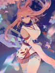  1girl animal_ears bangs bare_shoulders breasts cherry_blossoms closed_mouth fox_ears fox_mask hair_between_eyes holding holding_sword holding_weapon honkai_(series) honkai_impact_3rd hua_ye jewelry katana long_hair looking_at_viewer mask necklace petals pink_hair pink_skirt purple_eyes skirt solo sword thighhighs v-shaped_eyebrows weapon white_legwear yae_sakura yae_sakura_(gyakushinn_miko) 