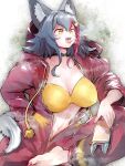  1girl alternate_breast_size alternate_costume animal_ears barefoot black_choker black_hair bodysuit bra breasts catsuit cellphone center_opening choker commentary double-parted_bangs english_commentary fingernails flipped_hair full-length_zipper hair_ornament hairclip highres holding holding_phone hololive huge_breasts ikayaki_(ikayaki4) lollipop_in_mouth long_hair multicolored_hair nail_polish ookami_mio open_mouth phone red_bodysuit red_hair red_nails sharp_fingernails sharp_teeth sharp_toenails sidelocks sitting smartphone solo spiked_hair steaming_body streaked_hair sweat tail teeth toenail_polish toenails underwear unzipped v-shaped_eyebrows very_long_ears very_sweaty virtual_youtuber wolf_ears wolf_girl wolf_tail yellow_bra yellow_eyes zipper 