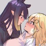  2girls black_hair black_sweater blonde_hair blue_eyes blush collared_shirt desutruction hair_behind_ear hair_ornament hololive hololive_english long_hair mole mole_under_eye monocle_hair_ornament multiple_girls ninomae_ina&#039;nis open_mouth pointy_ears shirt short_hair sketch sweater tentacle_hair twitter_username virtual_youtuber watson_amelia white_shirt yuri 