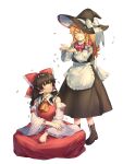  2girls apron arms_up ascot bangs bare_shoulders black_headwear black_skirt black_vest blonde_hair boots bow braid breasts brown_footwear brown_hair cheunes closed_eyes closed_mouth collar detached_sleeves dress eyebrows_visible_through_hair hair_between_eyes hair_bow hair_ornament hair_tubes hakurei_reimu hands_up hat hat_bow highres kirisame_marisa long_hair long_sleeves looking_at_another medium_breasts medium_hair multiple_girls petals pink_neckwear pink_scarf red_bow red_dress scarf shirt simple_background single_braid sitting skirt smile standing teeth touhou vest white_apron white_background white_bow white_shirt wide_sleeves witch_hat yellow_neckwear 