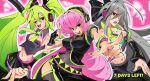  3girls :d ;d black_bow black_collar black_shirt black_shoes black_skirt black_sleeves boots bow breasts collar commentary countdown d; detached_collar detached_sleeves english_commentary eyeshadow green_hair green_necktie grey_hair hair_between_eyes hair_bow hatsune_miku long_hair makeup megurine_luka multiple_girls navel necktie one_eye_closed open_mouth outline pink_background pink_eyes pink_eyeshadow pink_hair saewiam second-party_source shirt shoes side_slit skirt smile teeth thigh_boots tongue twintails twitter_username upper_teeth_only vocaloid yellow_eyes yowane_haku 
