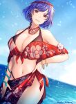  1girl :d alternate_costume bangs bikini black_bikini blue_sky blurry blurry_background bracelet breasts cleavage dutch_angle earrings eyebrows_visible_through_hair floral_print hair_ornament hand_on_hip highres jewelry large_breasts looking_at_viewer mitama_mudimudi navel ocean open_mouth outdoors purple_hair red_eyes sarong short_hair signature single_earring sky smile snake_armband solo swimsuit touhou yasaka_kanako 