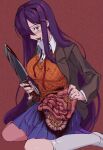  1girl blazer blood blood_from_mouth blood_on_clothes blood_on_weapon blood_stain blue_skirt blush brown_jacket chomahu collared_shirt commentary disembowelment doki_doki_literature_club dress_shirt feet_out_of_frame guro hair_intakes hair_ornament hair_over_one_eye hairclip highres holding holding_knife holding_organ intestines jacket jaggy_line kneehighs knife loafers long_hair long_sleeves neck_ribbon noise on_floor open_clothes open_jacket open_mouth organs pleated_skirt purple_eyes purple_hair red_background red_neckwear red_ribbon ribbon self-mutilation shirt shoes simple_background sitting skirt socks solo sweat sweatdrop sweater_vest teeth tongue untied very_long_hair weapon white_footwear white_legwear white_shirt wing_collar yuri_(doki_doki_literature_club) 