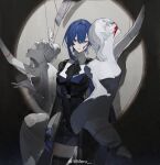  1girl absurdres ascot asymmetrical_legwear black_ascot blood blood_on_face blue_eyes blue_hair broken_statue character_request check_character check_copyright chinese_commentary commentary copyright_request crossed_bangs earrings hair_between_eyes hair_intakes highres jewelry looking_to_the_side meru02295238 mismatched_legwear original sculpture shirt short_hair silver_earrings solo spotlight string string_of_fate watermark weibo_username weibo_watermark white_shirt 