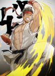  1boy abs arm_up bara barefoot black_hair brown_eyes cosplay fingerless_gloves fire gloves grin headband jigoku_meguri male_cleavage male_focus muscular muscular_male navel pants pectorals ryu_(street_fighter) ryu_(street_fighter)_(cosplay) sengoku_basara short_hair shouryuuken sidepec smile solo spiked_hair street_fighter teeth thick_thighs thighs tokugawa_ieyasu_(sengoku_basara) uppercut white_pants 