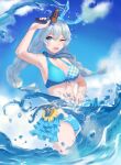  1girl :d armpits bangs beach bikini blue_bikini blue_eyes blue_sky braid breasts cleavage cloud cloudy_sky flower hair_between_eyes hair_ornament hairpin hand_up headband holding holding_water_gun honkai_(series) honkai_impact_3rd hua_ye jewelry kiana_kaslana long_hair necklace ocean one_eye_closed open_mouth outdoors sky smile solo summer summer_uniform sunflower swimsuit twin_braids wading water_gun white_hair 