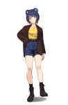  1girl bare_legs belt black_footwear blue_hair boots bow brown_jacket casual closed_mouth commentary denim denim_shorts english_commentary full_body genshin_impact hair_bow hair_ornament hair_rings hairclip hand_in_pocket highres jacket jason_kim long_sleeves looking_at_viewer red_bow shadow shirt shirt_tucked_in short_hair shorts simple_background smile solo standing standing_on_one_leg white_background xiangling_(genshin_impact) yellow_eyes yellow_shirt 