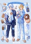  2boys absurdres animal_print argyle_background bear_print blonde_hair blue_border blue_eyes blue_hair blue_pajamas blue_pants blue_sweater border bow brown_eyes brown_slippers chamomile checkered_clothes checkered_pants closed_mouth clothes_pull commentary cookie covering_own_mouth crossed_bangs cup dog_slippers donut donut_hair_ornament donut_print english_commentary english_text food food-themed_hair_ornament food_print footwear_bow full_body hair_between_eyes hair_brush hair_ornament hand_over_own_mouth heart heart_print highres holding holding_pillow holding_teddy_bear hood hooded_sweater jacket looking_at_viewer male_focus marshmallow multiple_boys nana_tetra one_eye_closed open_mouth original pajamas pants pillow print_shirt print_sweater shampoo_bottle shirt short_hair sleep_mask slippers socks standing stuffed_animal stuffed_toy sweater sweater_jacket sweater_pull teardrop teddy_bear white_shirt white_socks 
