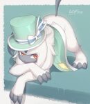  absol absurdres alternate_costume artist_name bottomless bow claws crossed_arms dated eyes_visible_through_hair gen_3_pokemon hat highres no_humans orange_eyes pokemon pokemon_(creature) pokemon_(game) pokemon_unite sexually_suggestive smirk solo tail tail_raised top-down_bottom-up top_hat white_fur white_hair zinfyu 