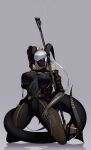  1girl arm_over_head axe battle_axe black_horns black_skin bodysuit breasts colored_skin curled_horns full_body fur_collar fur_trim grey_background grey_hair hair_ornament highres holding holding_axe holding_weapon horns huge_breasts ill_(ub1mo) kneeling looking_at_viewer mechanical_arms original parted_lips short_hair simple_background skin_tight smile solo tail ub1mo unmoving_pattern weapon yellow_eyes 