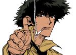  1boy black_hair black_necktie brown_eyes cigarette commentary cowboy_bebop finger_gun highres male_focus my_nameisyoon necktie portrait shirt smoke smoking solo spike_spiegel yellow_shirt 