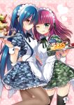  2girls alternate_costume angel_beats! apron black_pantyhose black_thighhighs blue_dress blue_hair camouflage camouflage_dress char_(angel_beats!) commentary_request dress enmaided fishnet_pantyhose fishnets food frilled_dress frills from_side green_dress green_eyes hairband highres hinata_hideki holding holding_tray maid maid_apron maid_headdress mini_person miniboy multiple_girls nakamura_hinato nakamura_yuri noda_(angel_beats!) omelet omurice one_eye_closed ooyama_(angel_beats!) pantyhose parfait profile puffy_short_sleeves puffy_sleeves purple_hair red_eyes ribbon shiina_(angel_beats!) short_sleeves tactical_maid thighhighs tray unconventional_maid waitress white_apron wrist_cuffs 