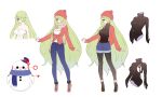  1girl beanie blush breasts bugie character_sheet coat commission commissioner_upload del_(dendroai) denim green_eyes green_hair hat highres jeans large_breasts long_hair multiple_views navel original pants scarf shoes shorts snowman 
