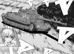  1girl 9s0ykoyama117 absurdres bangs closed_mouth commentary drifting driving emblem eyebrows_visible_through_hair frown girls_und_panzer greyscale ground_vehicle highres initial_d leopon_(animal) military military_vehicle monochrome motion_blur motor_vehicle nakajima_(girls_und_panzer) parody road short_hair solo tank tiger_(p) 