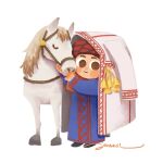  1girl animal artist_name black_boots blue_dress boots brown_eyes chibi closed_eyes closed_mouth dress headpat highres horse jerukecil karakalpak_clothes looking_at_viewer otoyomegatari signature solo standing talas_(otoyomegatari) turban veil white_background 